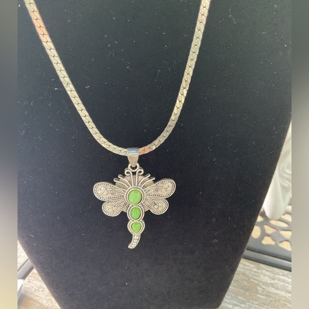 New, Silver Dragonfly Necklace with Green stone Accents